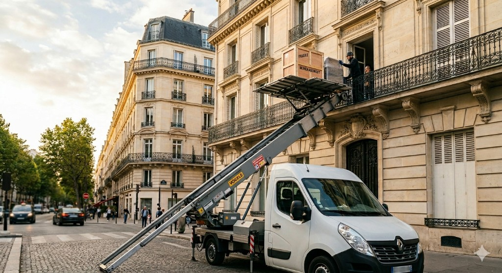 Fourgon avec monte-meubles extérieur en intervention urbaine